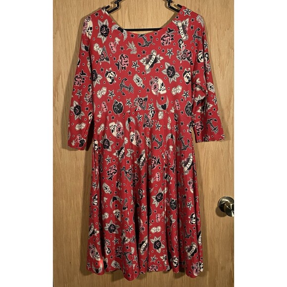 Torrid Women's L Fit & Flare Dress Red Black Novelty Print Pockets Stretch Punk - Picture 2 of 10